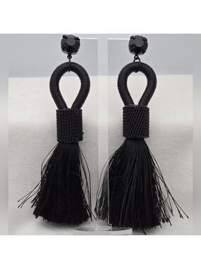 ✨2/$10✨ H&M Black Tassel Fringe Large Statement Dangle Earrings 4.5”